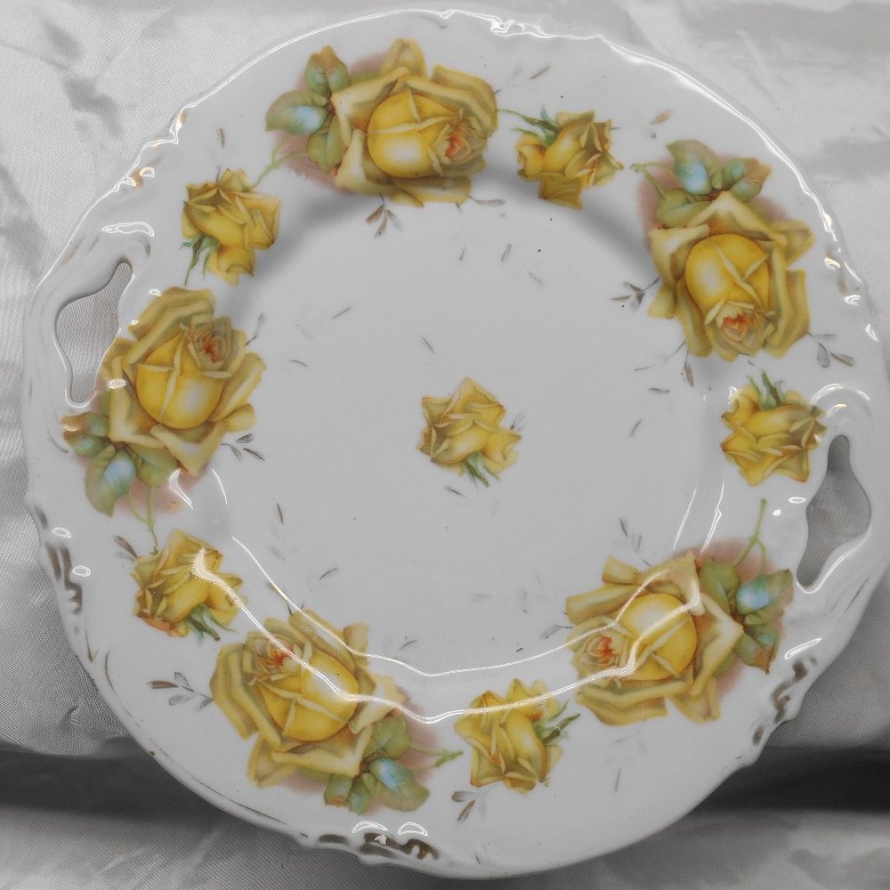 Antique RS Prussia Open Handle CAKE PLATE --Yellow Cabbage Roses